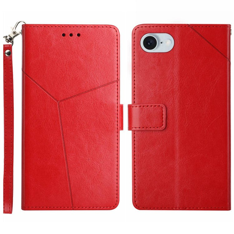 HT01 For iPhone SE (2025) Wallet Case Leather Flip Phone Cover Imprinted Y-Shaped Lines - Red