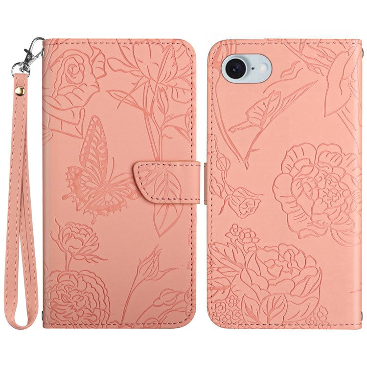 HT03 For iPhone SE (2025) Leather Case Imprinted Phone Cover with Strap - Pink