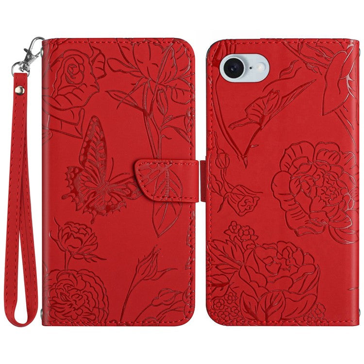 HT03 For iPhone SE (2025) Leather Case Imprinted Phone Cover with Strap - Red