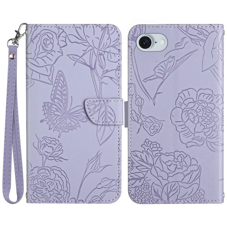 HT03 For iPhone SE (2025) Leather Case Imprinted Phone Cover with Strap - Purple