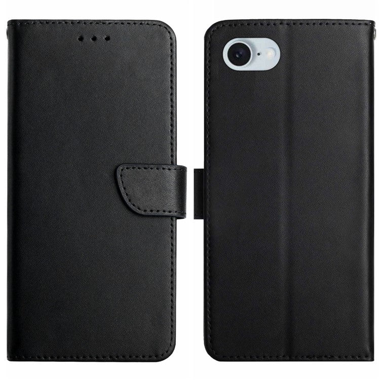HT02 For iPhone 16e Cell Phone Cases Nappa Texture Genuine Cow Leather Stand Cover - Black