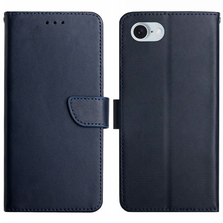 HT02 For iPhone SE (2025) Cell Phone Cases Nappa Texture Genuine Cow Leather Stand Cover - Blue