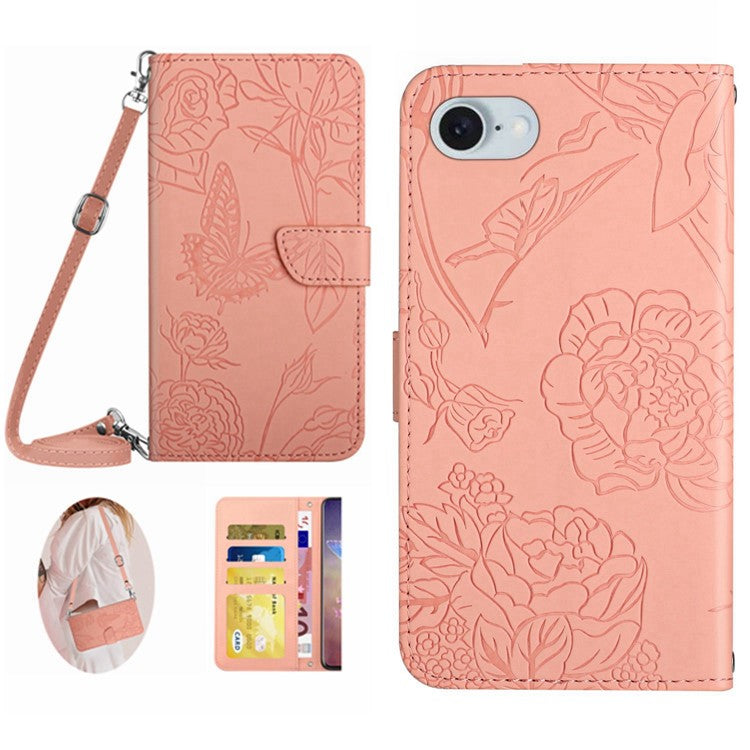 HT03 For iPhone 16e Leather Case with Shoulder Strap Butterfly Wallet Phone Cover - Pink
