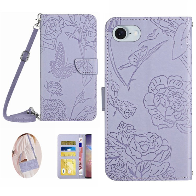 HT03 For iPhone SE (2025) Leather Case with Shoulder Strap Butterfly Wallet Phone Cover - Purple