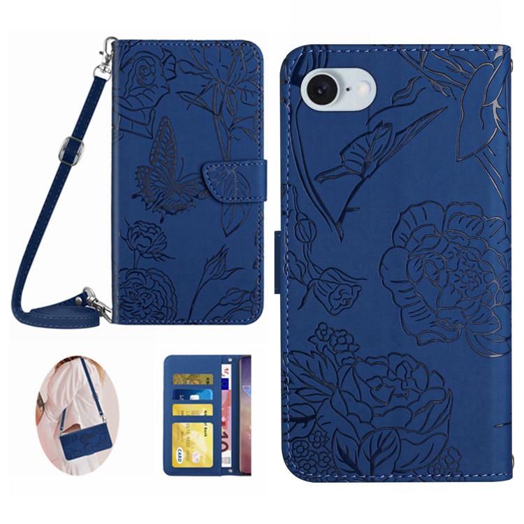 HT03 For iPhone SE (2025) Leather Case with Shoulder Strap Butterfly Wallet Phone Cover - Blue