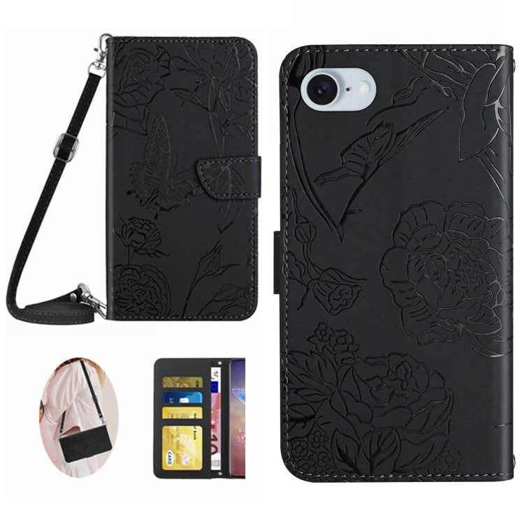 HT03 For iPhone SE (2025) Leather Case with Shoulder Strap Butterfly Wallet Phone Cover - Black