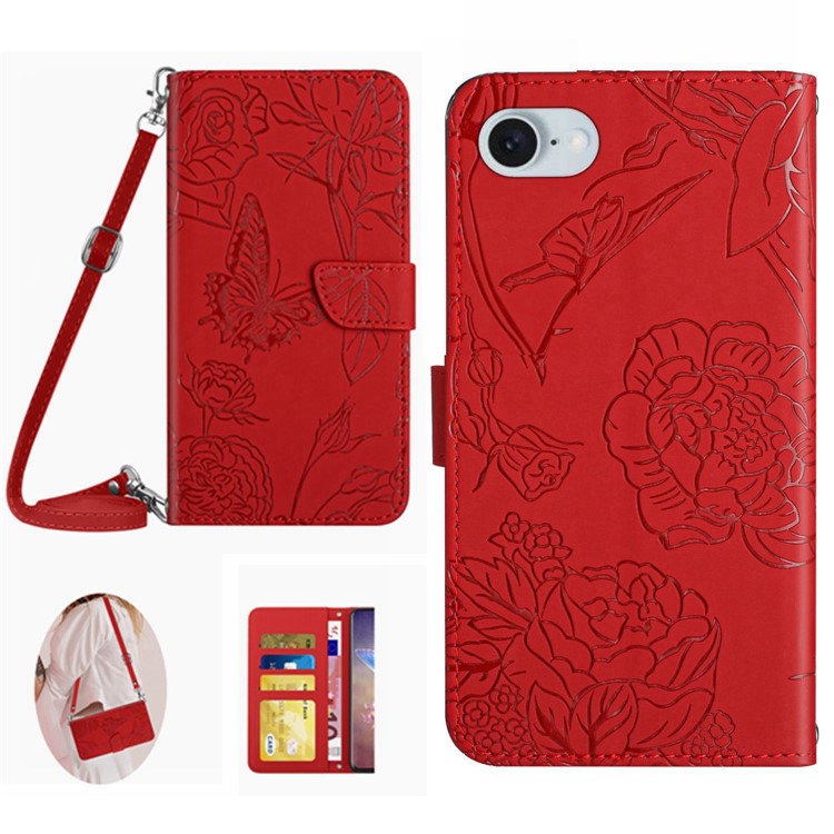 HT03 For iPhone SE (2025) Leather Case with Shoulder Strap Butterfly Wallet Phone Cover - Red