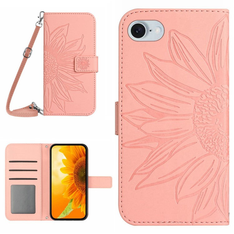 HT04 For iPhone SE (2025) Case Sunflower PU Leather+TPU Phone Cover with Shoulder Strap - Pink