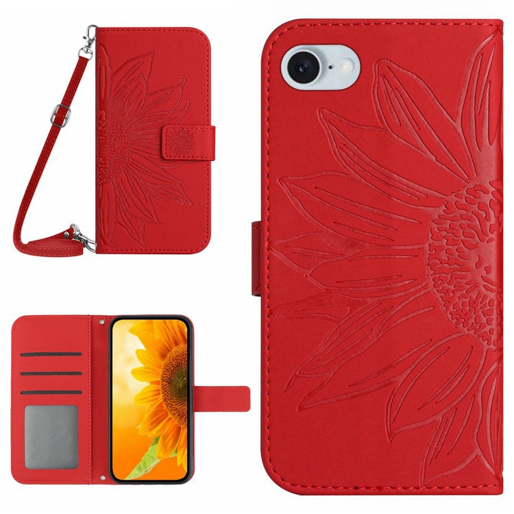 HT04 For iPhone SE (2025) Case Sunflower PU Leather+TPU Phone Cover with Shoulder Strap - Red