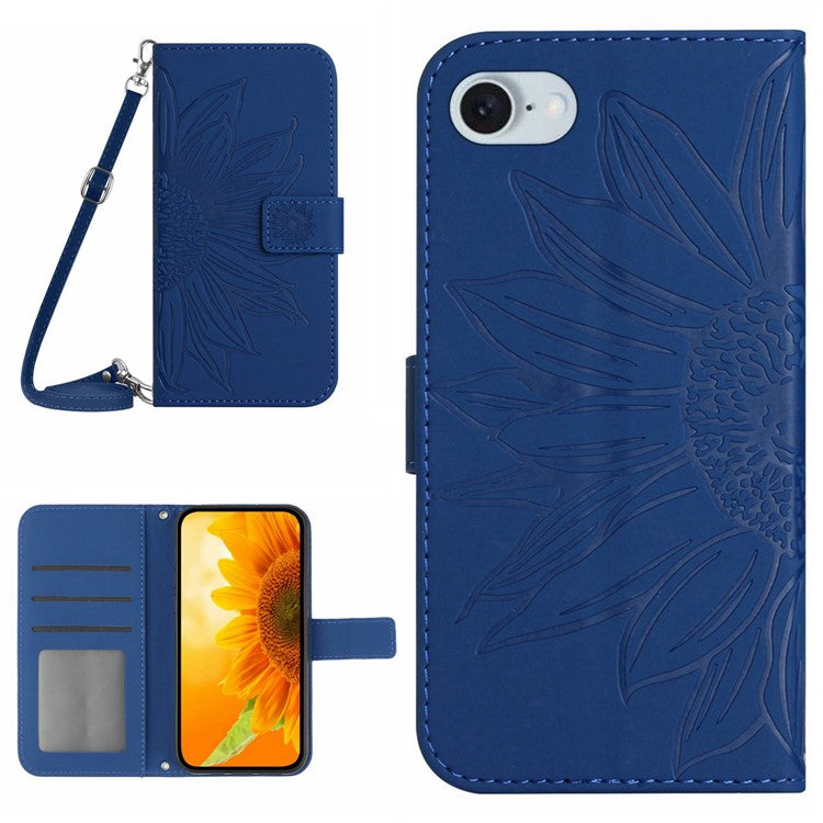 HT04 For iPhone SE (2025) Case Sunflower PU Leather+TPU Phone Cover with Shoulder Strap - Sapphire