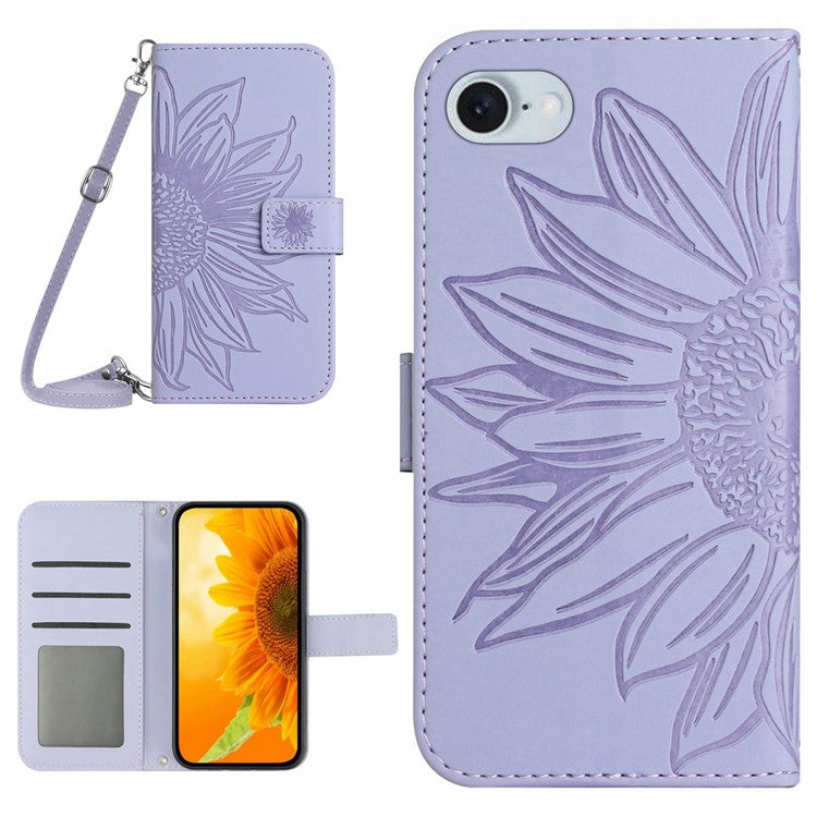 HT04 For iPhone SE (2025) Case Sunflower PU Leather+TPU Phone Cover with Shoulder Strap - Light Purple