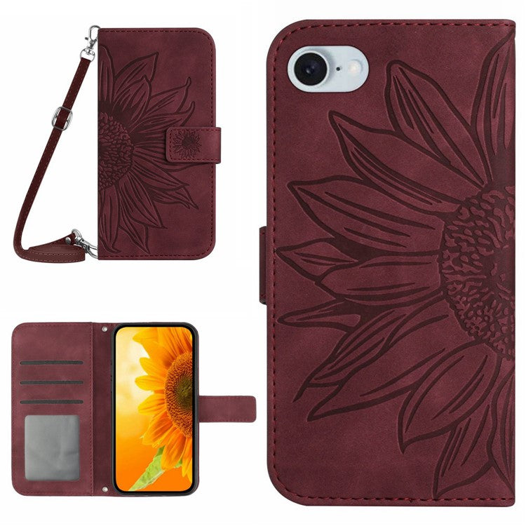 HT04 For iPhone SE (2025) Case Sunflower PU Leather+TPU Phone Cover with Shoulder Strap - Wine Red