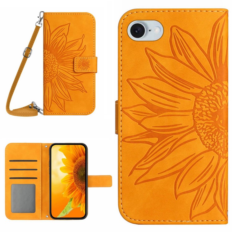 HT04 For iPhone SE (2025) Case Sunflower PU Leather+TPU Phone Cover with Shoulder Strap - Yellow