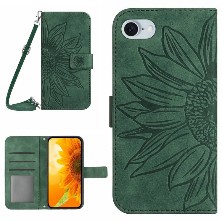 HT04 For iPhone SE (2025) Case Sunflower PU Leather+TPU Phone Cover with Shoulder Strap - Dark Green