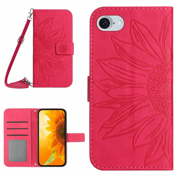 HT04 For iPhone SE (2025) Case Sunflower PU Leather+TPU Phone Cover with Shoulder Strap - Rose