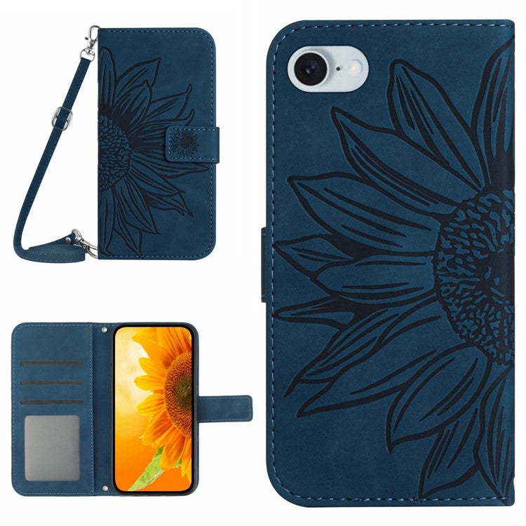 HT04 For iPhone SE (2025) Case Sunflower PU Leather+TPU Phone Cover with Shoulder Strap - Dark Blue