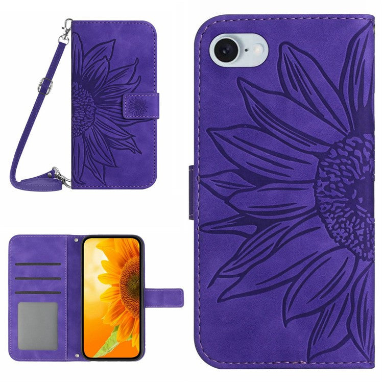 HT04 For iPhone SE (2025) Case Sunflower PU Leather+TPU Phone Cover with Shoulder Strap - Dark Purple