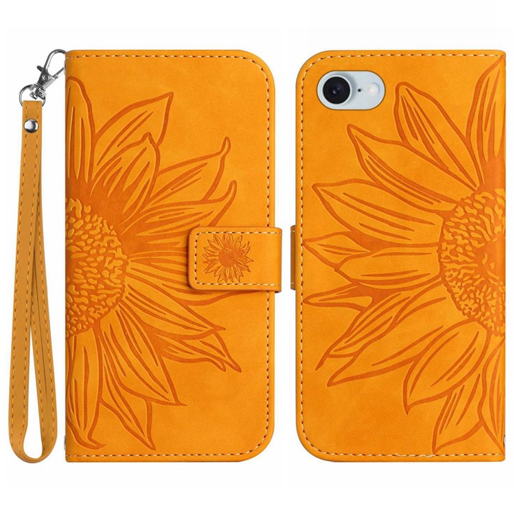HT04 For iPhone SE (2025) Case with Wrist Strap Sunflower Pattern Phone Wallet Cover - Yellow