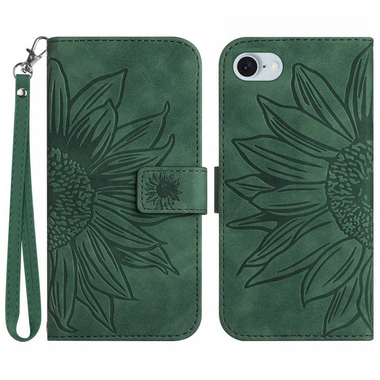 HT04 For iPhone SE (2025) Case with Wrist Strap Sunflower Pattern Phone Wallet Cover - Dark Green
