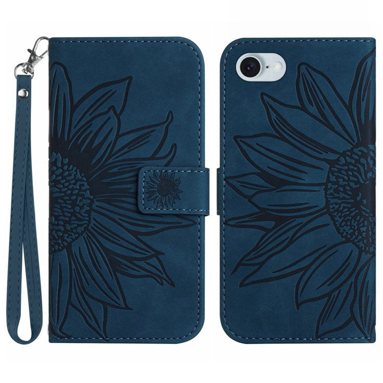 HT04 For iPhone SE (2025) Case with Wrist Strap Sunflower Pattern Phone Wallet Cover - Dark Blue