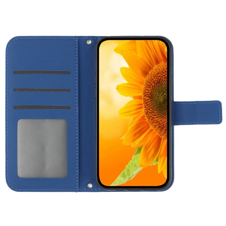 HT04 For iPhone SE (2024) Case with Wrist Strap Sunflower Pattern Phone Wallet Cover - Sapphire