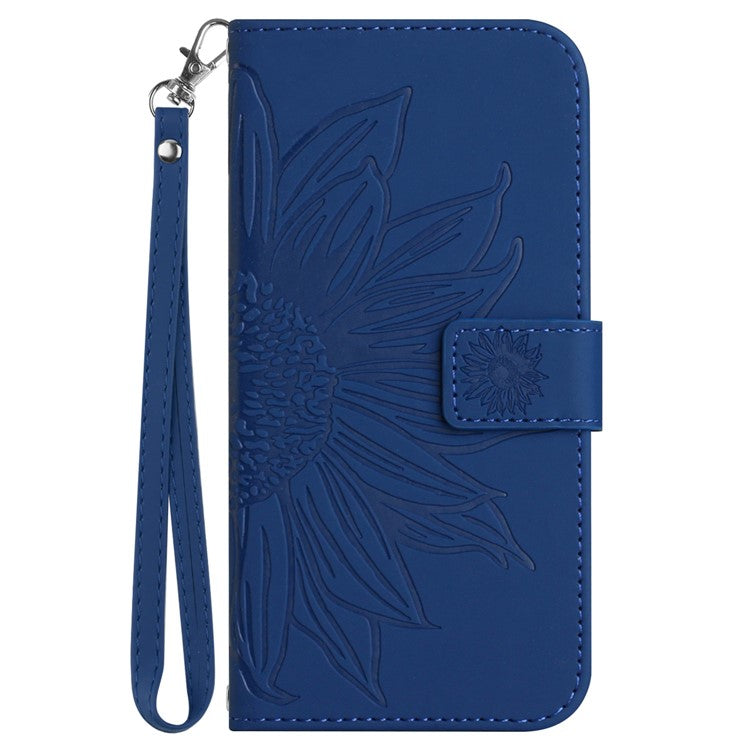 HT04 For iPhone SE (2024) Case with Wrist Strap Sunflower Pattern Phone Wallet Cover - Sapphire