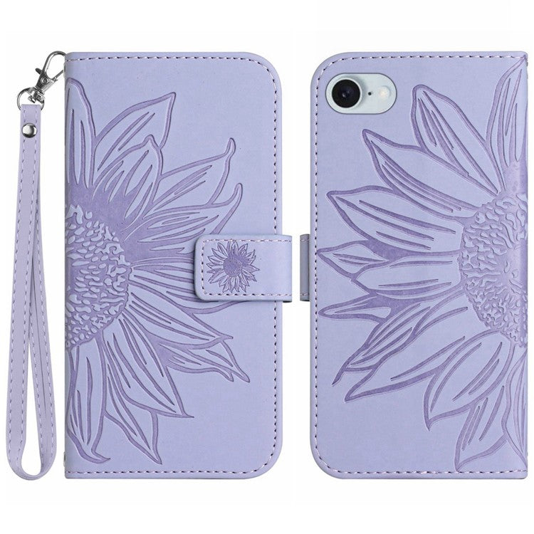 HT04 For iPhone SE (2024) Case with Wrist Strap Sunflower Pattern Phone Wallet Cover - Light Purple