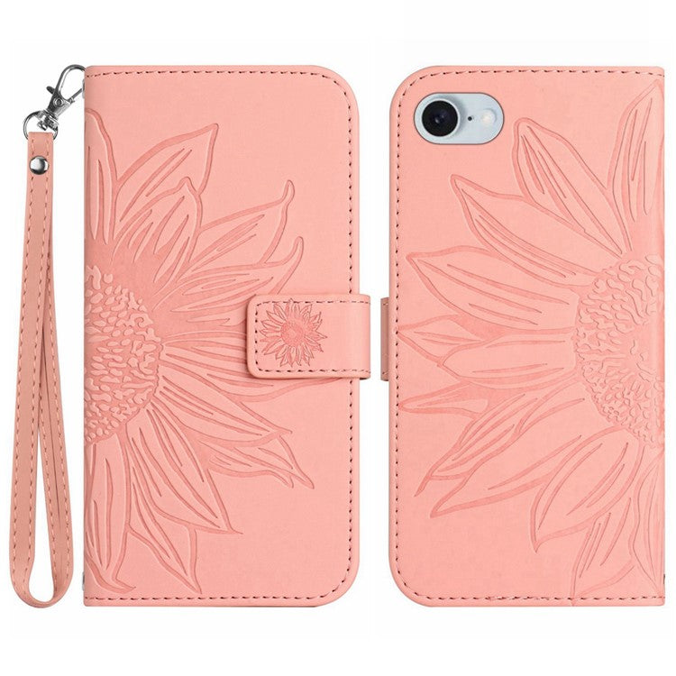 HT04 For iPhone SE (2024) Case with Wrist Strap Sunflower Pattern Phone Wallet Cover - Pink