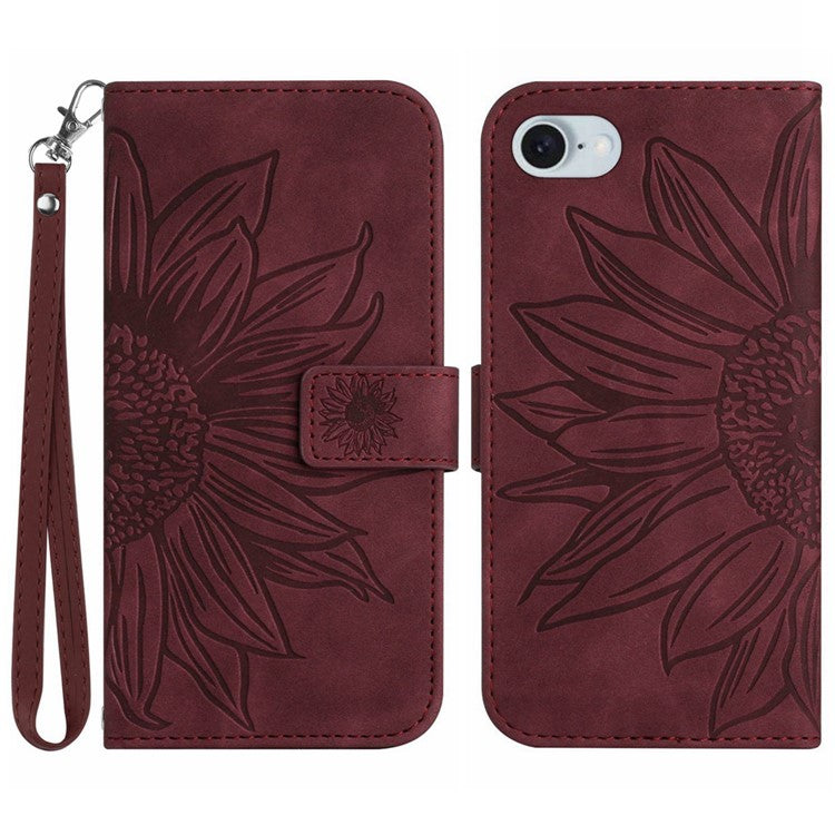 HT04 For iPhone SE (2024) Case with Wrist Strap Sunflower Pattern Phone Wallet Cover - Wine Red