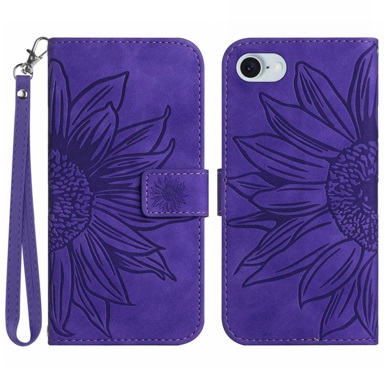 HT04 For iPhone SE (2025) Case with Wrist Strap Sunflower Pattern Phone Wallet Cover - Dark Purple