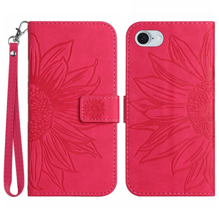 HT04 For iPhone SE (2025) Case with Wrist Strap Sunflower Pattern Phone Wallet Cover - Rose