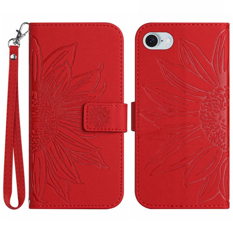 HT04 For iPhone SE (2025) Case with Wrist Strap Sunflower Pattern Phone Wallet Cover - Red