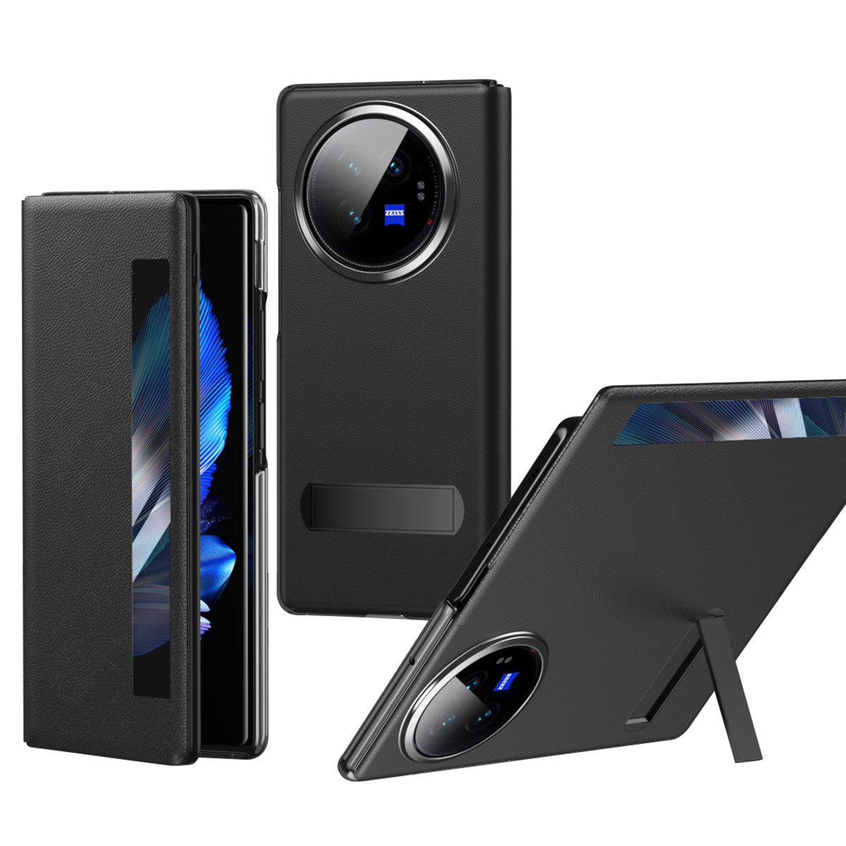 For vivo X Fold3 Magnetic Phone Case View Window PU Leather+PC Cover with Hidden Kickstand - Black