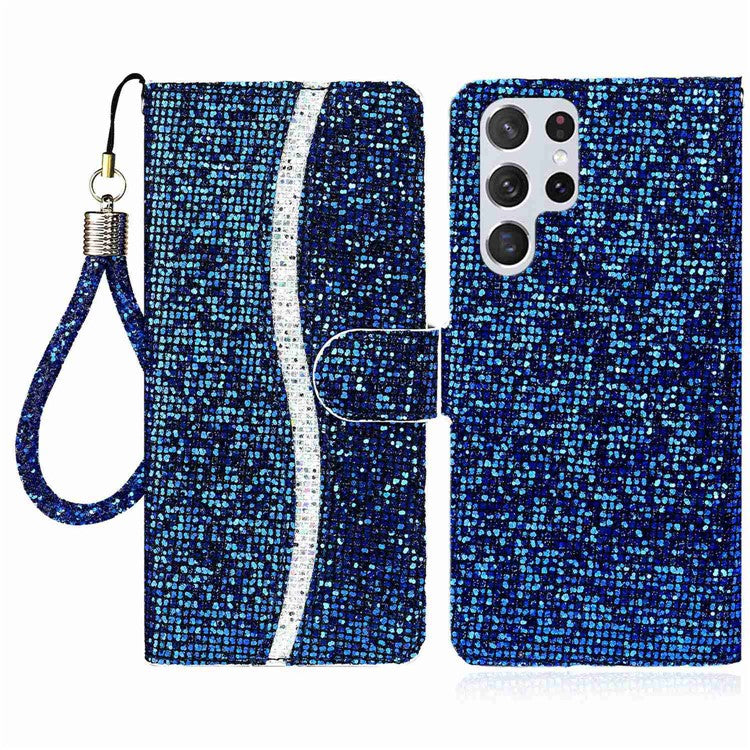 For Samsung Galaxy S24 Ultra Case Glitter Splicing Leather Wallet Stand Phone Cover - Blue