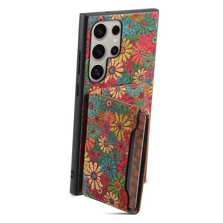 For Samsung Galaxy S24 Ultra Case Card Holder PU+TPU+PC Phone Shell with Floral Pattern - Spring / Green