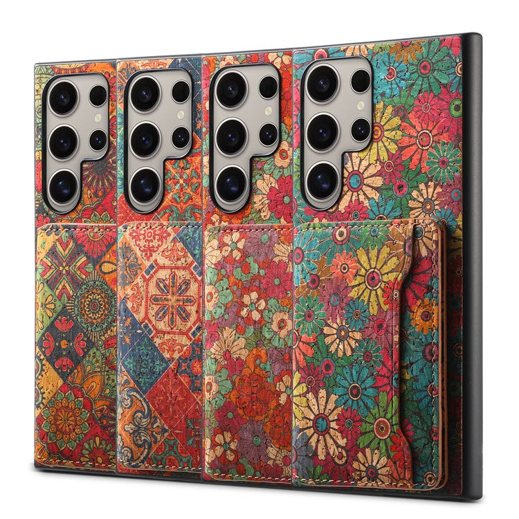 For Samsung Galaxy S24 Ultra Case Card Holder PU+TPU+PC Phone Shell with Floral Pattern - Spring / Green