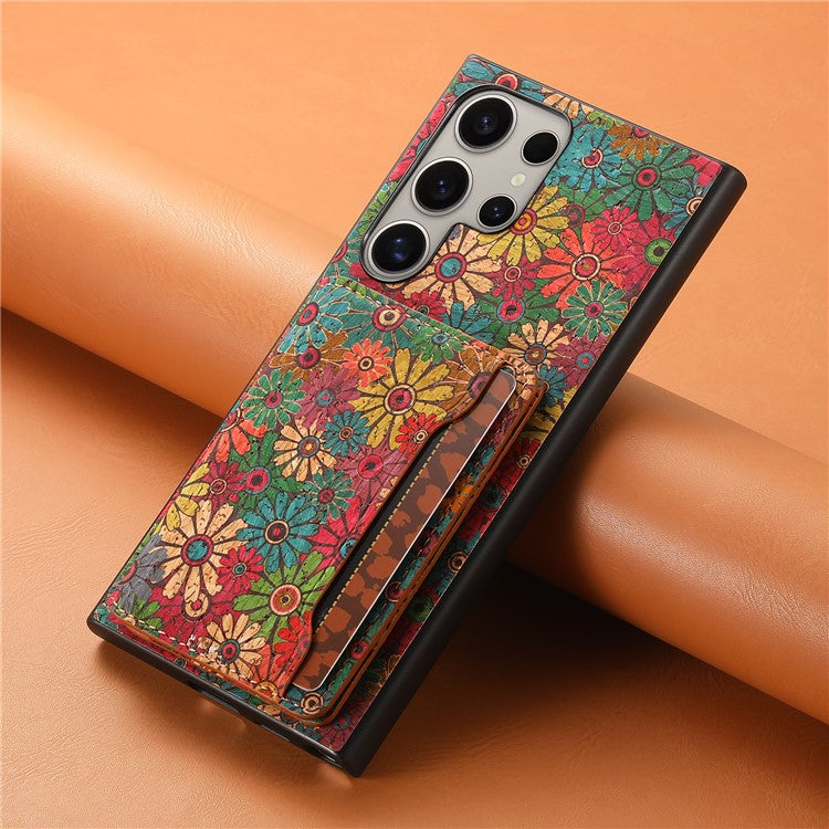 For Samsung Galaxy S24 Ultra Case Card Holder PU+TPU+PC Phone Shell with Floral Pattern - Spring / Green