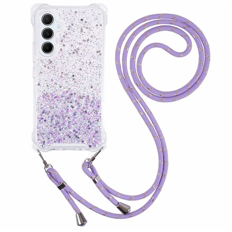 For Samsung Galaxy A53 5G Gradient Case 4 Corners Anti-drop Phone Cover with Long Strap - Pink+Purple