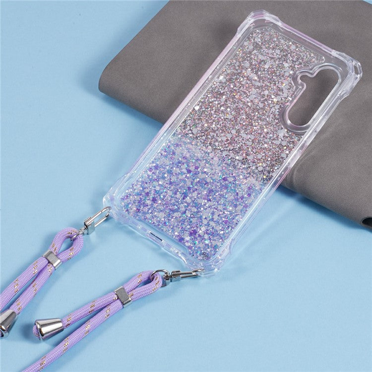 For Samsung Galaxy A53 5G Gradient Case 4 Corners Anti-drop Phone Cover with Long Strap - Pink+Purple