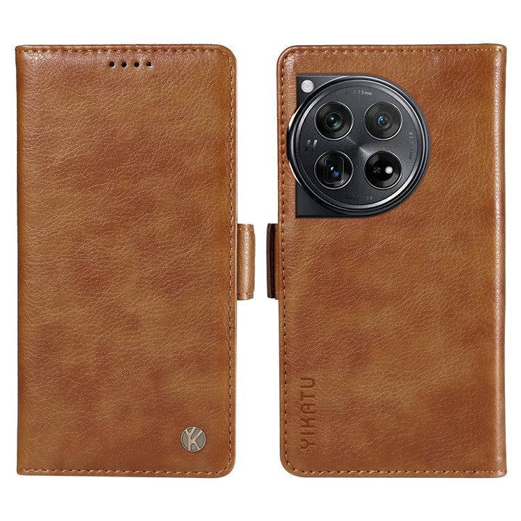 YIKATU YK-007 For OnePlus 12 5G Case Litchi Texture Side Clasps Phone Stand Cover - Brown
