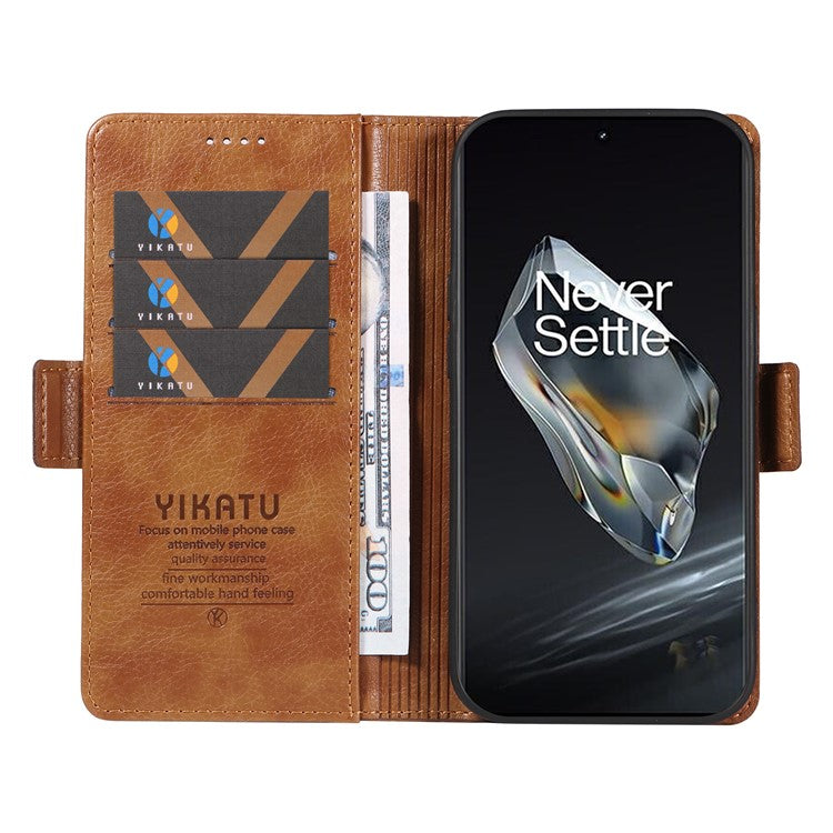 YIKATU YK-007 For OnePlus 12 5G Case Litchi Texture Side Clasps Phone Stand Cover - Brown