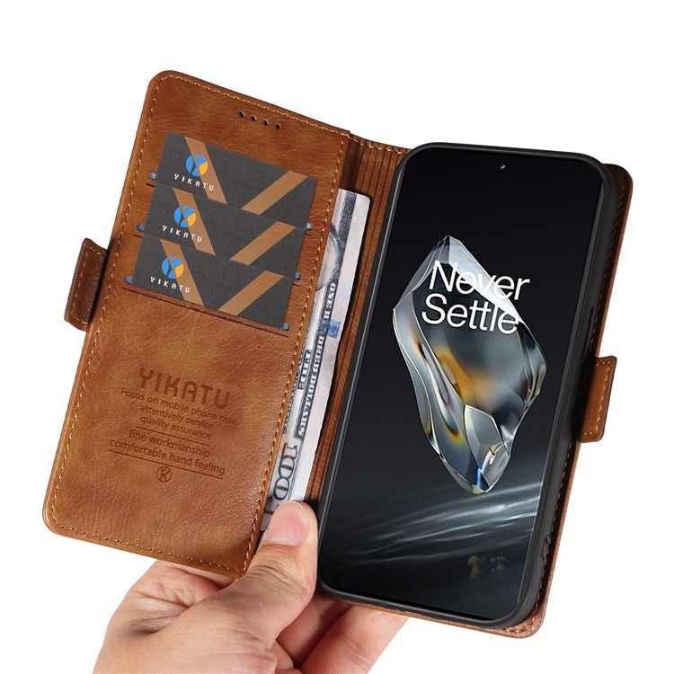 YIKATU YK-007 For OnePlus 12 5G Case Litchi Texture Side Clasps Phone Stand Cover - Brown