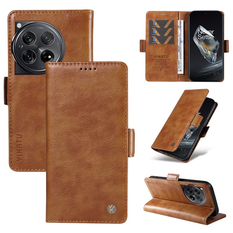 YIKATU YK-007 For OnePlus 12 5G Case Litchi Texture Side Clasps Phone Stand Cover - Brown