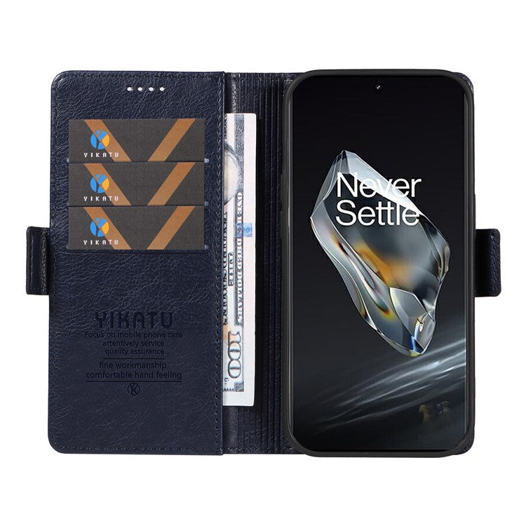 YIKATU YK-007 For OnePlus 12 5G Case Litchi Texture Side Clasps Phone Stand Cover - Navy Blue