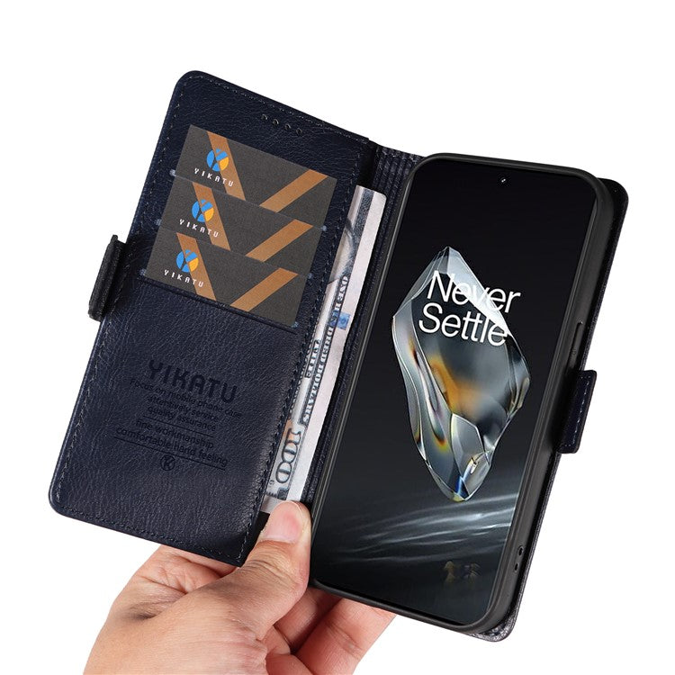 YIKATU YK-007 For OnePlus 12 5G Case Litchi Texture Side Clasps Phone Stand Cover - Navy Blue