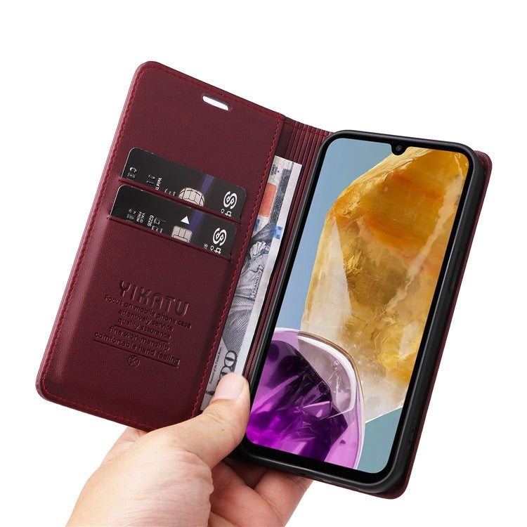 YIKATU YK-001 For Samsung Galaxy M15 5G Phone Cover Magnetic Closure Leather Shock Absorbing Case - Wine Red
