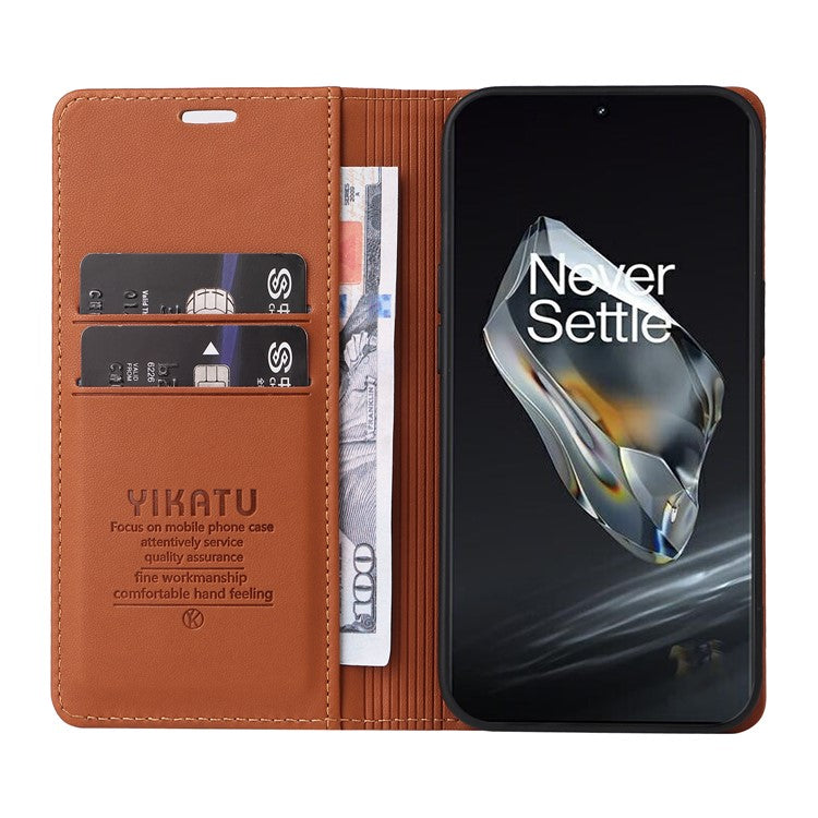 YIKATU YK-001 For OnePlus 12 5G Wallet Case PU Leather Phone Cover Magnetic Closing - Brown