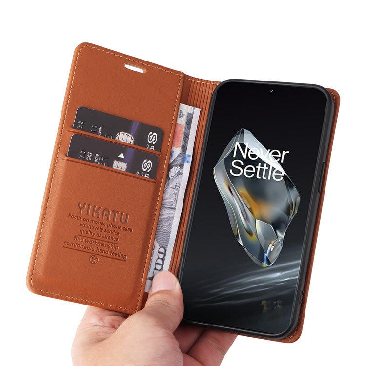 YIKATU YK-001 For OnePlus 12 5G Wallet Case PU Leather Phone Cover Magnetic Closing - Brown