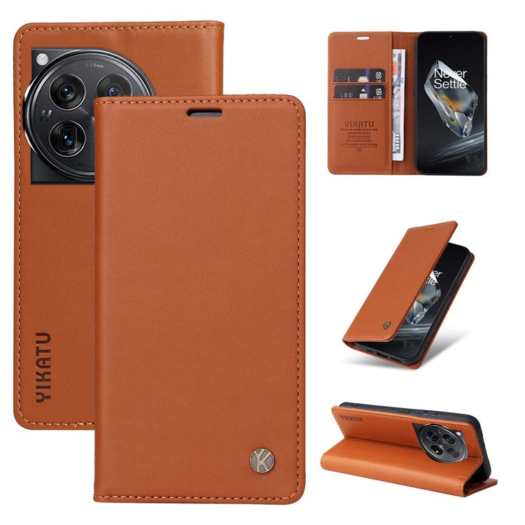 YIKATU YK-001 For OnePlus 12 5G Wallet Case PU Leather Phone Cover Magnetic Closing - Brown