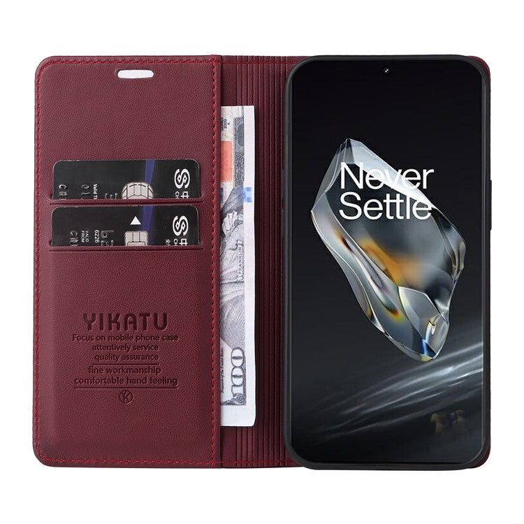 YIKATU YK-001 For OnePlus 12 5G Wallet Case PU Leather Phone Cover Magnetic Closing - Wine Red